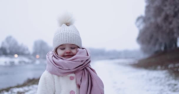 Potret Seorang Gadis Kecil Yang Lucu Pada Hari Musim Dingin — Stok Video