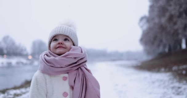 Fresh Snow Pieces Falling Cute Little Baby Girl Winter Day — Stock Video