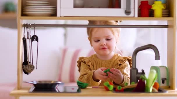 Linda Niña Juega Una Cocina Juguete Fingiendo Hacer Almuerzo Una — Vídeos de Stock