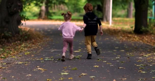 欢快的兄弟姐妹们在秋天的公园里 在落叶中一起跑开了 — 图库视频影像