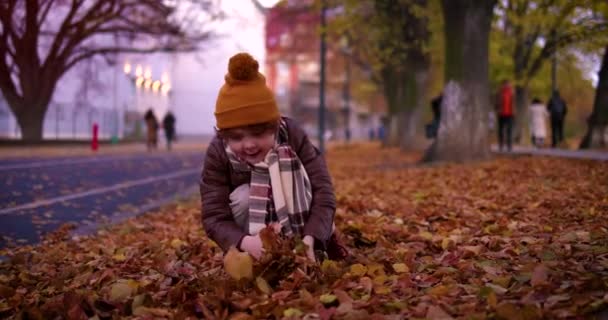 Bambino Felice Che Diverte Giocando Con Foglie Cadute Nella Città — Video Stock