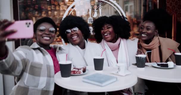 Χαρούμενες Φίλες Χαρούμενες Νεαρές Γυναίκες Βγάζουν Selfie Στο Τηλέφωνο Ενώ — Αρχείο Βίντεο