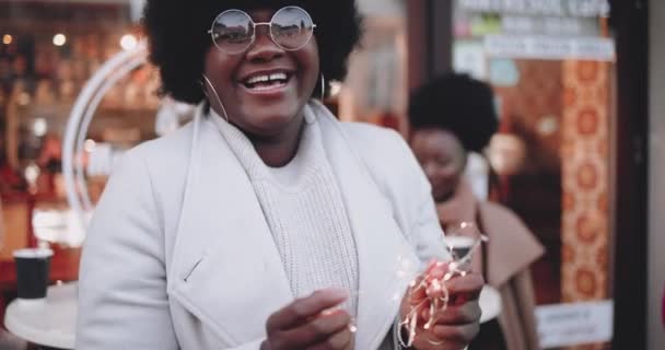 Neşeli Gülen Kadın Elinde Hafif Çelenkler Kış Kenti Sokaklarında Noel — Stok video