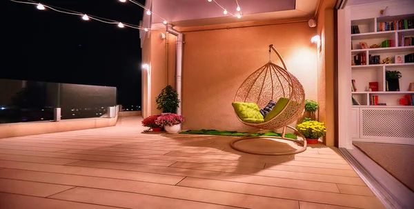 Cozy Rooftop Terrace Open Space Living Room Warm Summer Night — Stock Photo, Image