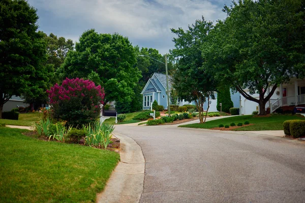 Cozy Residential Street Cute Houses Neighbourhood Usa Summer Day Imagem De Stock