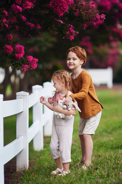 Heureux Rousse Enfants Avoir Amusant Sur Floraison Campagne — Photo