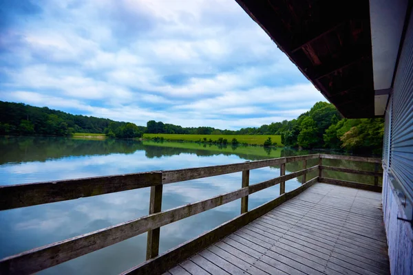 Wooden Pier Lake Cloudy Summer Day Stock Image