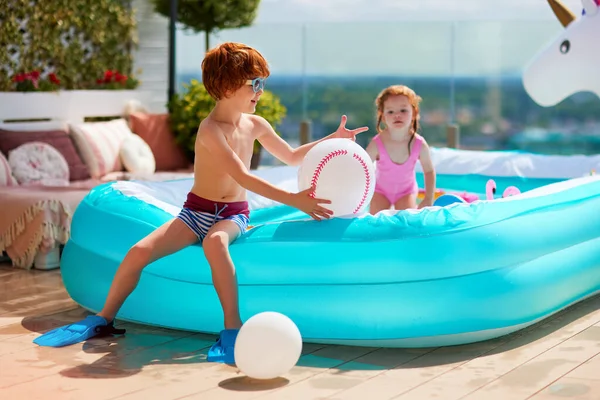 Excited Kids Having Fun Inflatable Pool Summer Patio — Zdjęcie stockowe