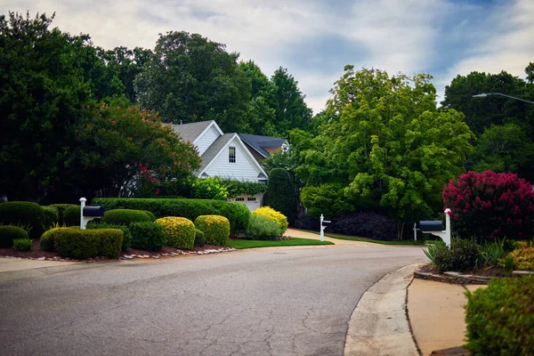 Cozy Residential Street Cute Houses Neighbourhood Usa Summer Day Stock Image