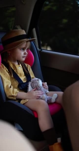 Cute Baby Girl Sitting Child Seat Traveling Car — Video