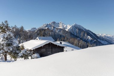 Geleneksel dağ evi ve karlı ormanlı resim sahnesi. Kış arkaplanı