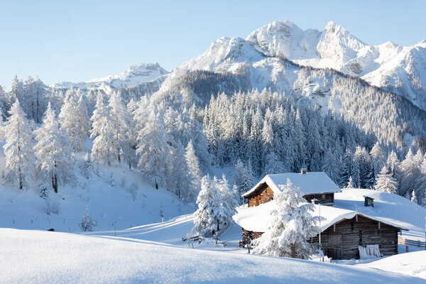Beautiful winter scenery. Austrian countryside with a snowcapped wooden hut