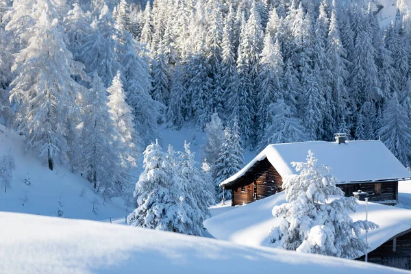 En pittoresk vinterscen med traditionell fjällstuga och snöig skog. Vinter natur bakgrund — Stockfoto