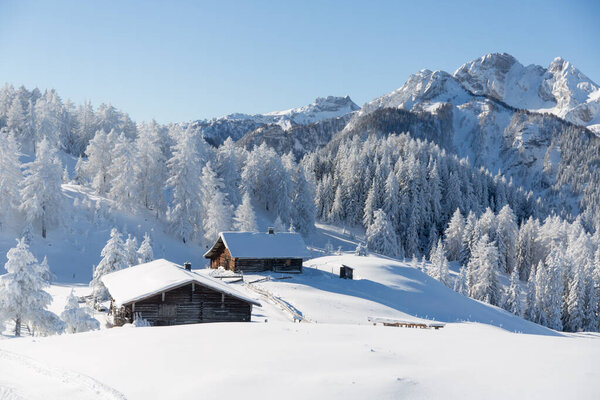 Picturesque winter scene with an old alpine hut and snowy forest. Sunny frosty weather with clear blue sky