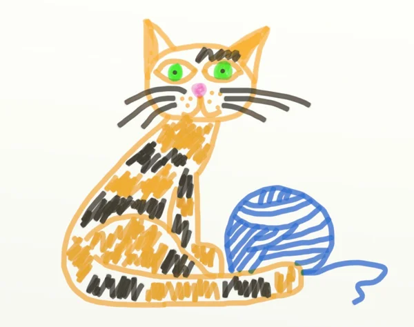 Child's drawing of a cat with a ball — Stock Photo, Image
