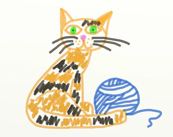 çocuğun çizim bir kedi bir top