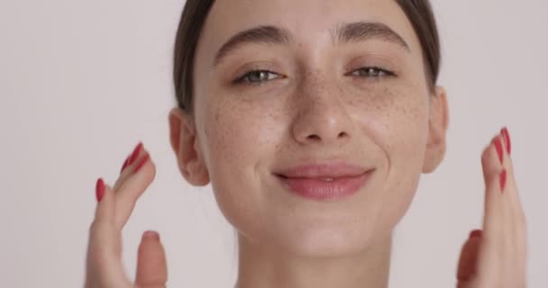 Close Portrait Caucasian Woman Applying Daily Moisturising Face Cream Hydrating — Stockvideo