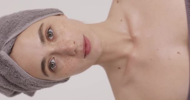 Portrait Young Caucasian Woman Natural Beauty Wearing Towel Head Body — Stok video