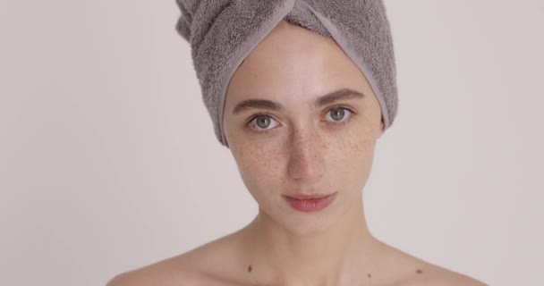 Beauty Treatment Calm Serene Young Woman Towel Relaxing Taking Shower — Wideo stockowe