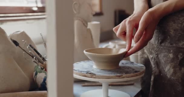 Професійна Скульпторка Створює Керамічний Посуд Студії Молода Жінка Художниця Працює — стокове відео