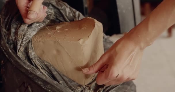 Closeup Woman Ceramist Dirty Apron Prepare Shaping Pottery Craftswoman Hands — Stock Video