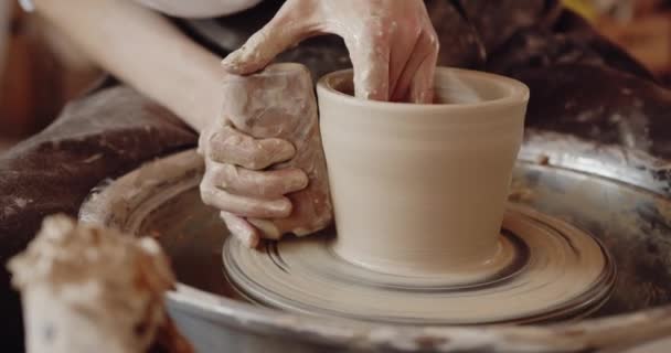 Close Potters Hands Covered Clay Making Beautiful Vase Throwing Wheel — Stock Video
