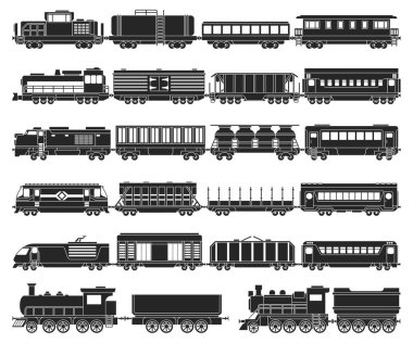 Yük arabalı lokomotif, izole edilmiş siyah set simgesi. Vektör siyah set ikon tren. Beyaz arkaplanda vektör illüstrasyon lokomotifi.