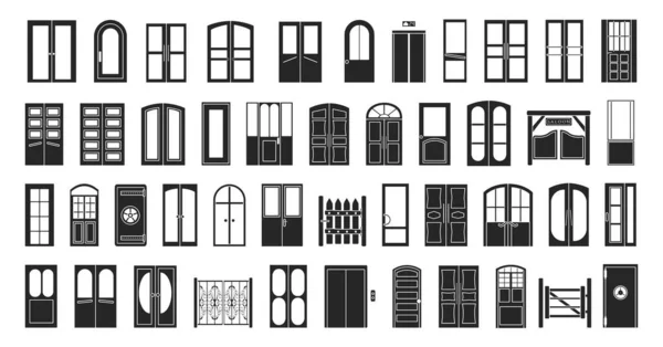 Zewnętrzne drzwi izolowane wektor ilustracji na białym tle. Wektor czarny zestaw drzwi. Czarny zestaw ikona drzwi wejściowych. — Wektor stockowy