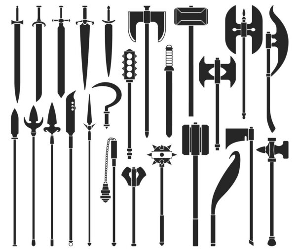 Medieval weapon isolated black set icon. Vector black set icon knight sword. Vector illustration medieval weapon on white background.