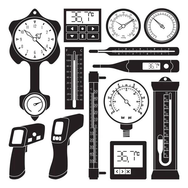 Illustrazione vettoriale del termometro su sfondo bianco. Isolato barometro icona set nero. Termostato icona set nero vettoriale. — Vettoriale Stock
