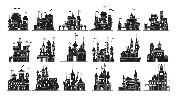 Castelo medieval isolado ícone conjunto preto. Ilustração vetorial palácio antigo sobre fundo branco. Vetor preto conjunto ícone medieval castelo. — Vetor de Stock
