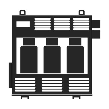 Transformatör elektrik vektörü siyah simge. Beyaz arkaplandaki vektör illüstrasyon elctric istasyonu. Transformatör gücünün izole edilmiş siyah çizim simgesi.