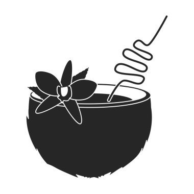 Hindistan cevizi vektör simgesi kokteyli. Siyah vektör simgesi, beyaz hindistan cevizi kokteyli üzerine izole edilmiş..