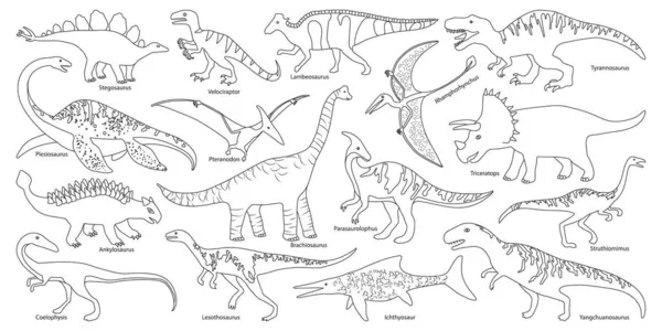 Icône de jeu de contour isolé dinosaure. Schéma vectoriel set icône dino animal. Illustration vectorielle dinosaure sur fond blanc. — Image vectorielle