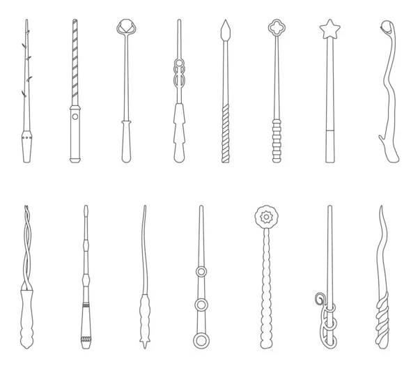 Zauberstab isolierte Umrisse gesetzt Symbol. Konturenvektorsymbole setzen Assistenten Stick. Vektor Illustration Zauberstab auf weißem Hintergrund. — Stockvektor