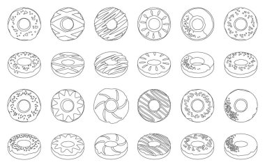 Tatlı çörek ouline vektör seti simgesi. İzole edilmiş ikon çikolata ve kremalı donut. Beyaz arka planda tatlı serpiştirilmiş vektör illüstrasyon çöreği. .