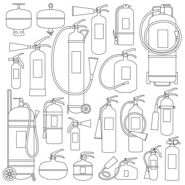 Yangın söndürücü vektör ikonu ayarlandı. İzole edilmiş ouline set simgesini söndürmek için ekipman. Beyaz arkaplanda vektör illüstrasyon söndürücü.
