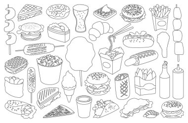 Fast food izole edilmiş taslak simgesi. Atıştırmalık vektör çizgisi simgesi. Beyaz arkaplanda vektör illüstrasyon fast food.