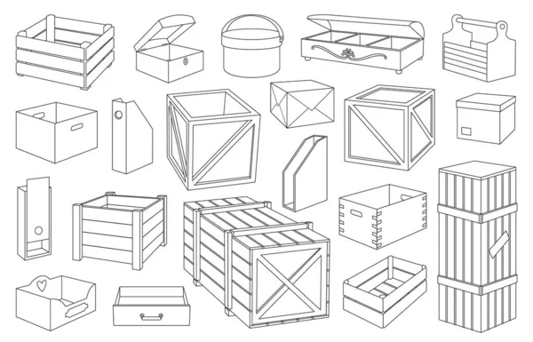 Wooden box isolated outline set icon. Outline set icon wood container . Vector illustration wooden box on white background. — стоковый вектор