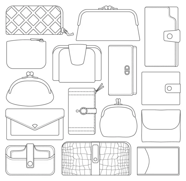 Leather wallet isolated outline set icon. Vector illustration purse on white background.Outline vector set icon leather wallet . — Stockový vektor