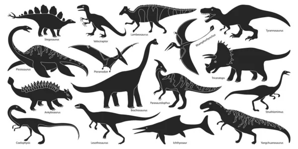 恐龙隔离的黑色设定图标。矢量黑色集合图标恐龙动物。白色背景上的矢量图解恐龙. — 图库矢量图片