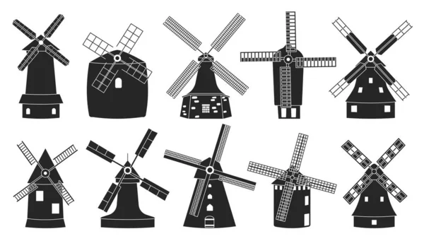 Уиндмилл изолировал черную икону. Векторная иллюстрация винтажной мельницы на белом фоне. Ветряная мельница векторного набора . — стоковый вектор