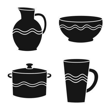 Kil ve mutfak işaretlerinin vektör çizimi. Clayware ve tablo takımı vektör illüstrasyonunun koleksiyonu.