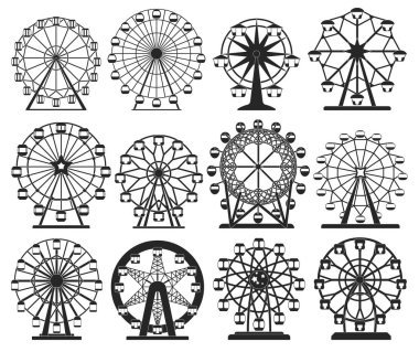 Dönme dolap siyah set simgesini izole etti. Vektör siyah set eğlence atlıkarınca. Beyaz arkaplanda vektör illüstrasyon dönme dolabı.
