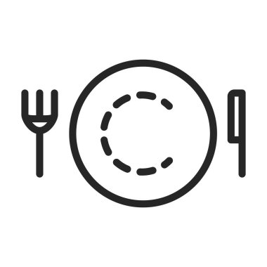 Tabak, çatal ve bıçak vektör ana hatları simgesi. Beyaz arkaplanda vektör illüstrasyon tablosu. Tabak, çatal ve bıçağın izole edilmiş tasviri simgesi .