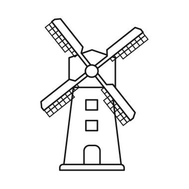 Değirmen ve rüzgar logosunun vektör çizimi. Stok için değirmen ve inşa vektör simgesi.