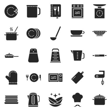 Pişirme vektörü siyah simge seti. Beyaz arka planda mutfak için kolleksiyon vektör illüstrasyon aracı. Web tasarımı için izole edilmiş siyah illüstrasyon ikonu.