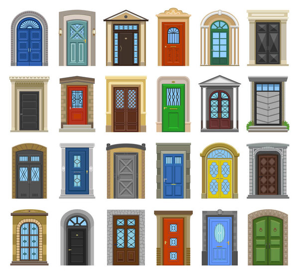 Door old vector cartoon icon set . Collection vector illustration wooden door on white background. Isolated cartoon illustration icon set of house doorway for web design.