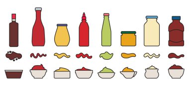 bbq renk vektör seti simgesi için sos. Vektör illüstrasyon simgeleri ketçap ve sos. İzole edilmiş illüstrasyon seti şişe ve kase sosu.