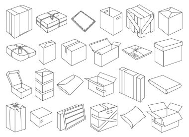 Postal parsel vektör ana hatları simgesi. Beyaz arkaplanda vektör illüstrasyon paketi. İzole edilmiş dış hat simgeleri posta paketi.